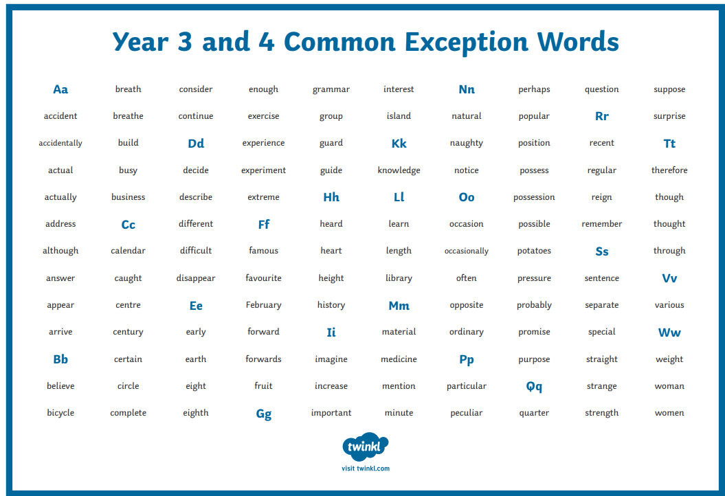 Common Exception Words Year 3/4